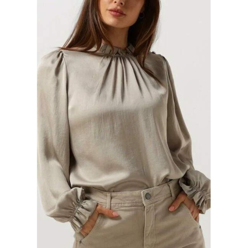 Summum Woman Champagne Satin Ruffle Neck Blouse Long Sleeve Button Shoulder 38